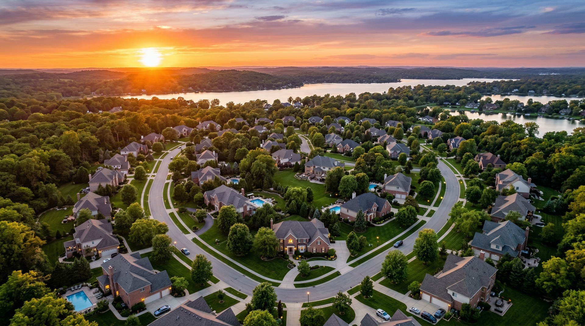 Aerial view of Oakland County Michigan neighborhoods at sunset
